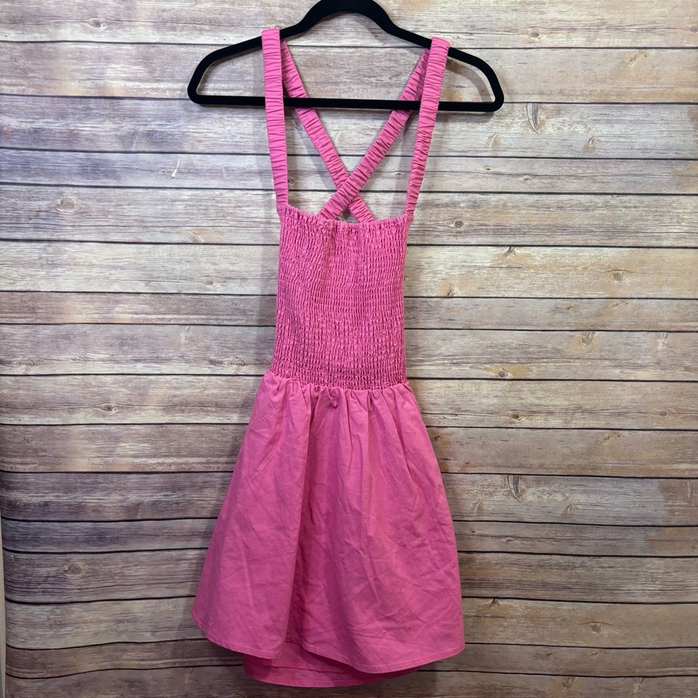 Isalis Pretty in Pink Smocked Open Back Cotton Linen Dress Size Small